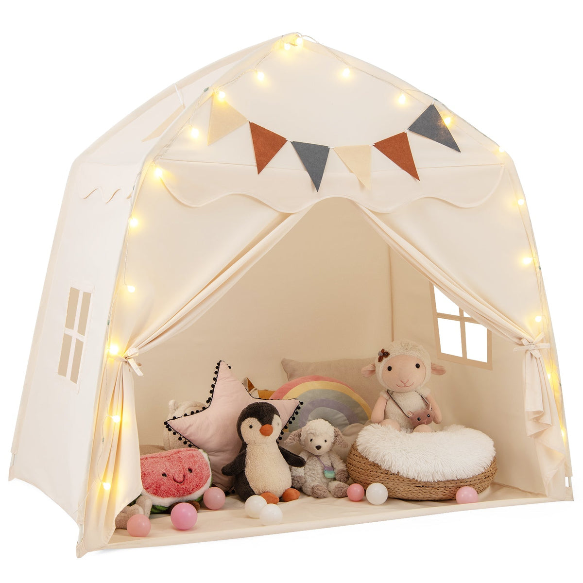 GemGear Kids Play Tent Bed Tent with String Lights in cream, extra large playhouse with bunting on Tampa Home & Garden Store