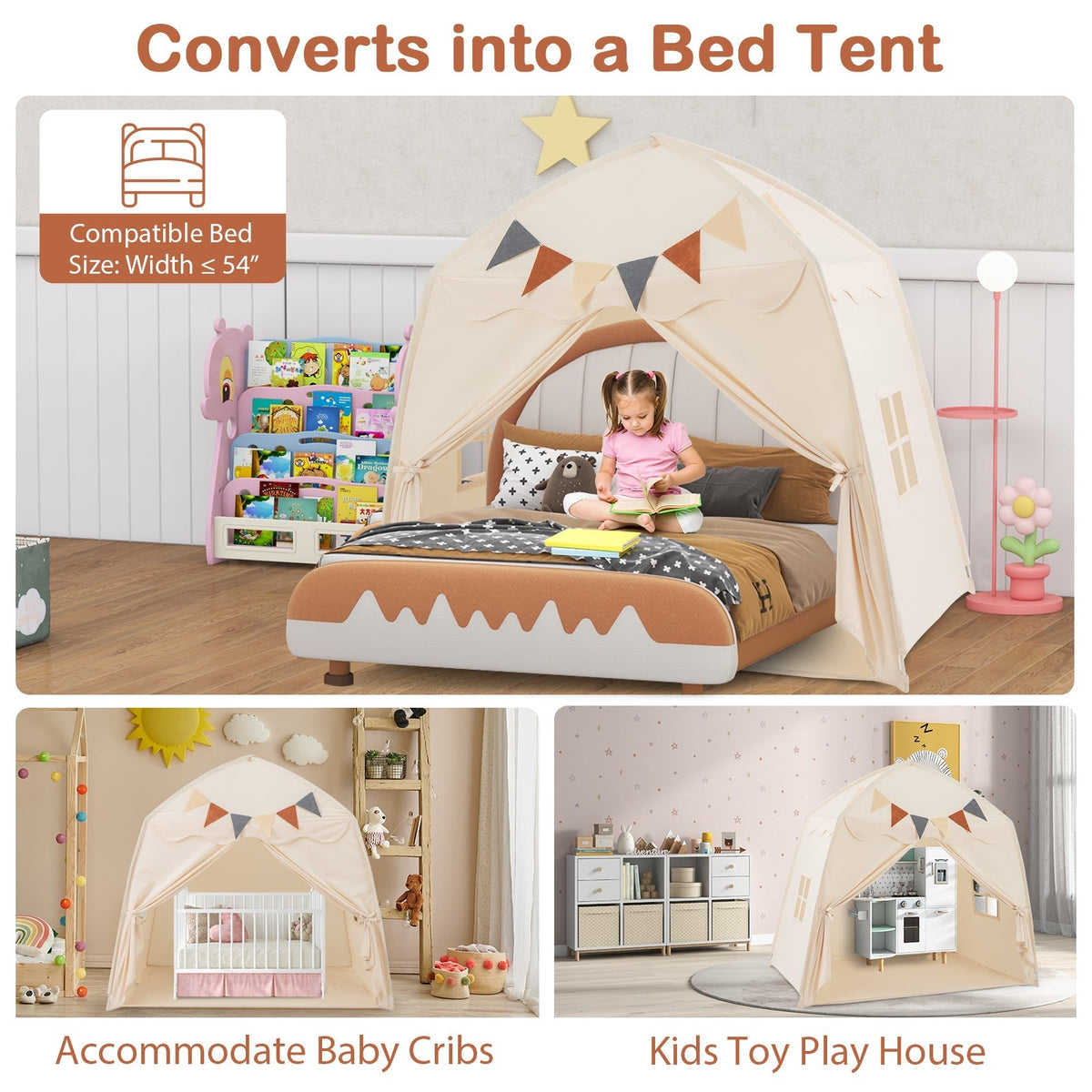 Kids Play Tent Bed Tent in beige with bunting, oversized playhouse for bed with child reading on Tampa Home & Garden Store