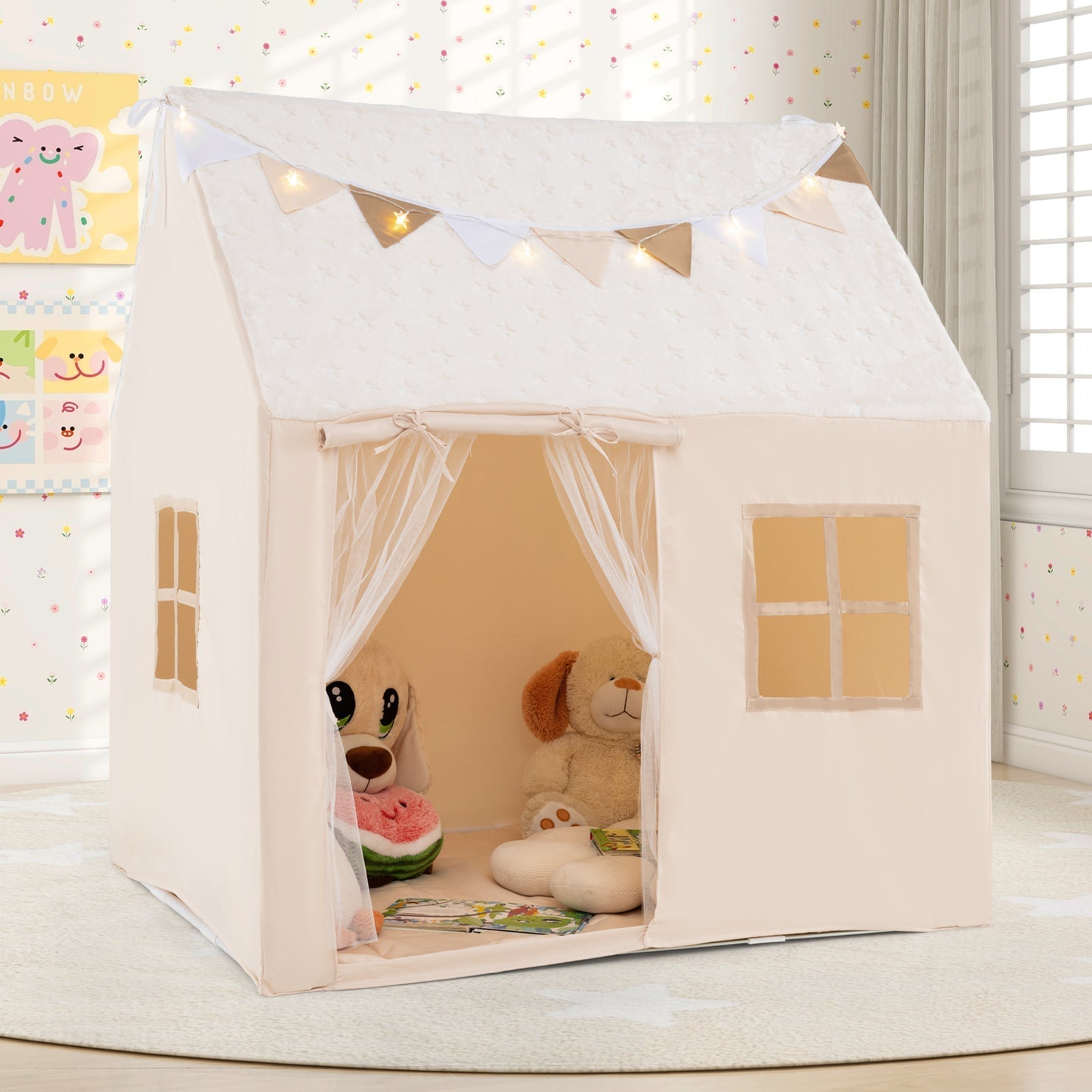 GemGear Kids Play Tent Playhouse beige with bunting and sheer curtains bears inside on Tampa Home & Garden Store