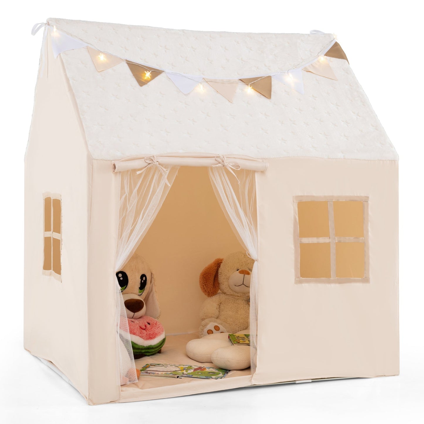 GemGear Kids Play Tent Large Beige Playhouse with glow-in-the-dark stars and sheer curtains on Tampa Home & Garden Store