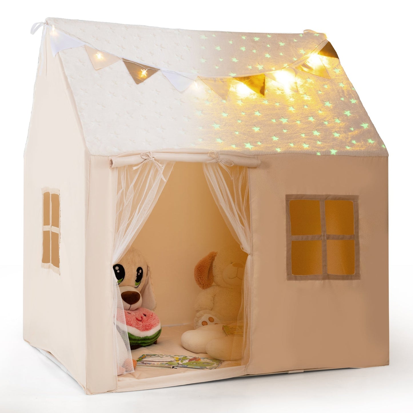 Kids Play Tent large beige playhouse with glow-in-the-dark stars and sheer curtains GemGear on Tampa Home & Garden Store