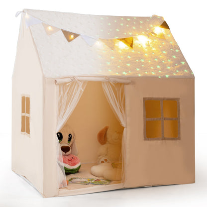 Kids Play Tent large beige playhouse with glow-in-the-dark stars and sheer curtains GemGear on Tampa Home & Garden Store