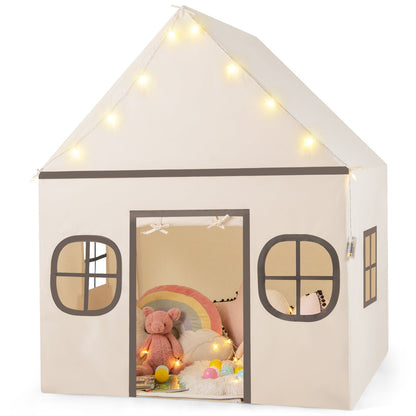 GemGear kids play tent large playhouse with door curtain and windows beige with string lights on Tampa Home & Garden Store