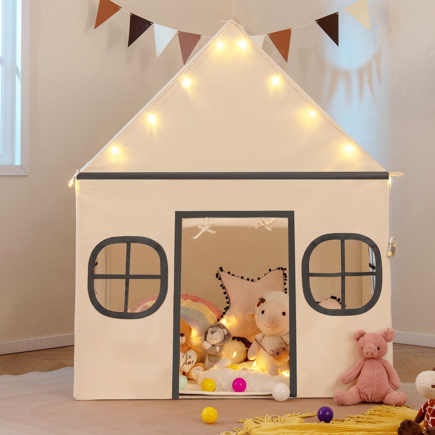GemGear kids play tent white playhouse with door curtain, windows, string lights, plush inside on Tampa Home & Garden Store