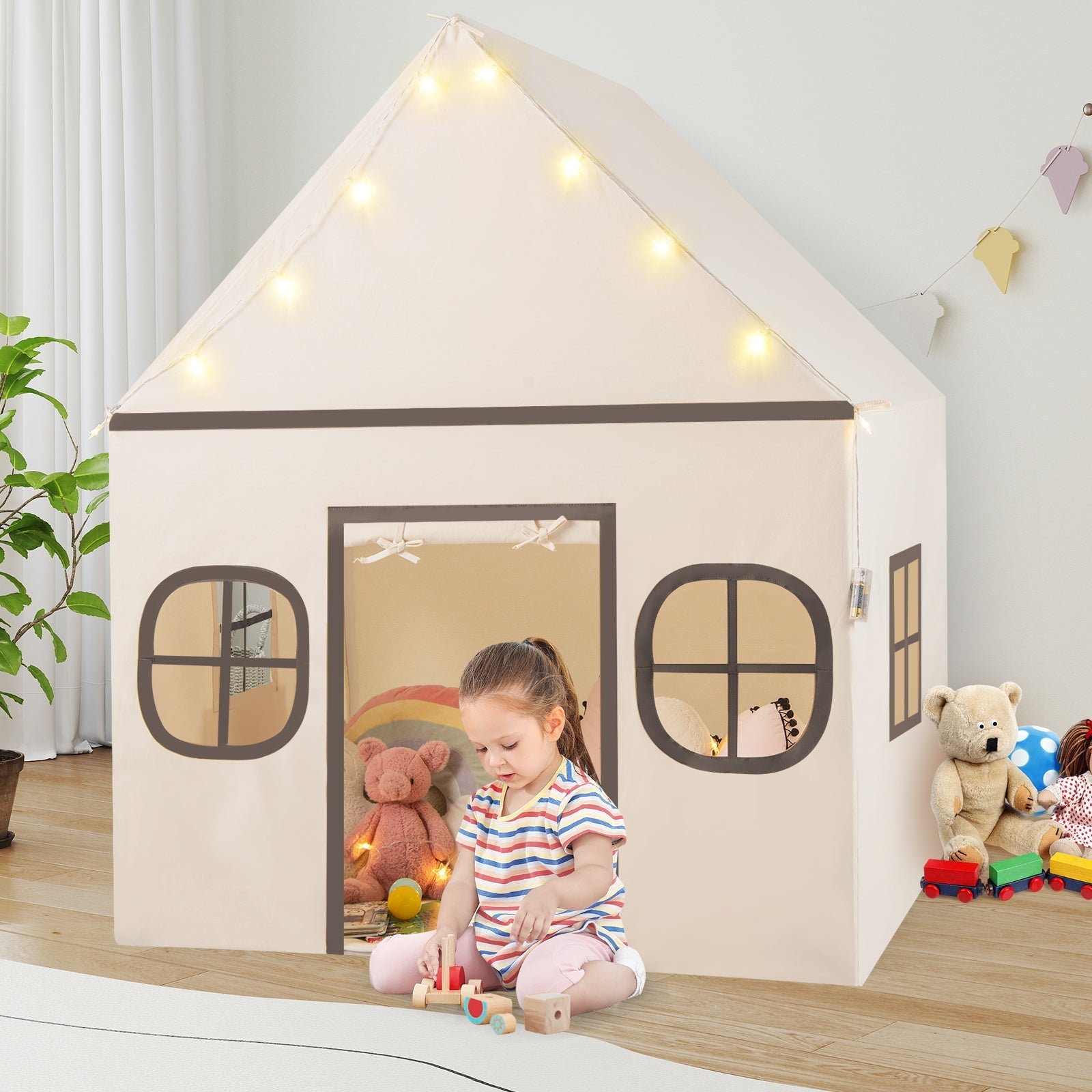 GemGear Kids Play Tent Large Cream Playhouse with door curtain, window panels, and star lights on Tampa Home & Garden Store