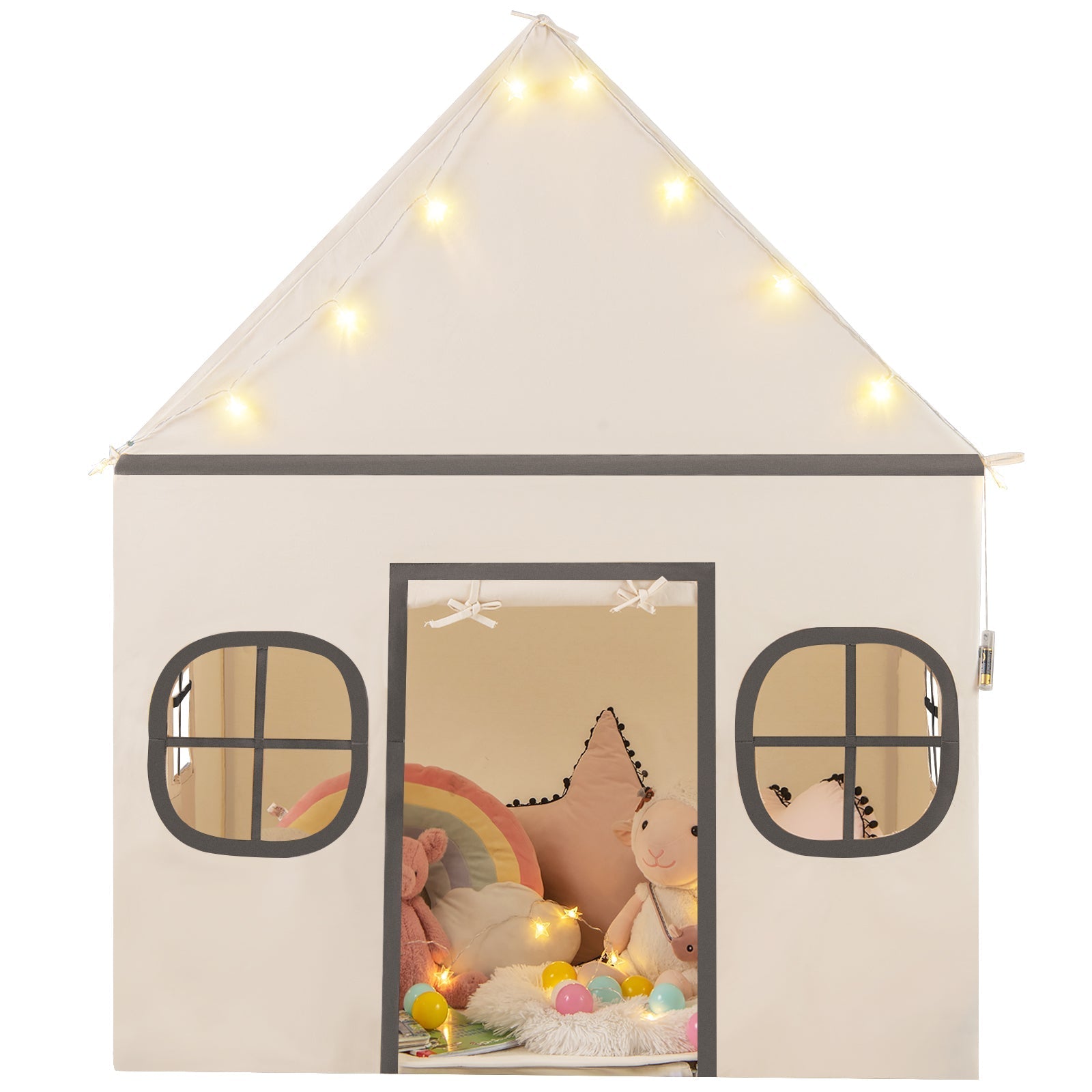 GemGear Kids Play Tent with door curtain, windows, cream fabric, string lights, window frames on Tampa Home & Garden Store