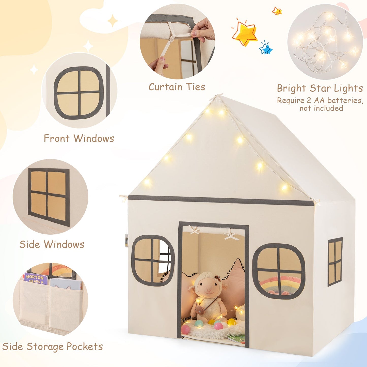 Kids Play Tent Large Playhouse by GemGear with door curtain and windows, star lights on Tampa Home & Garden Store