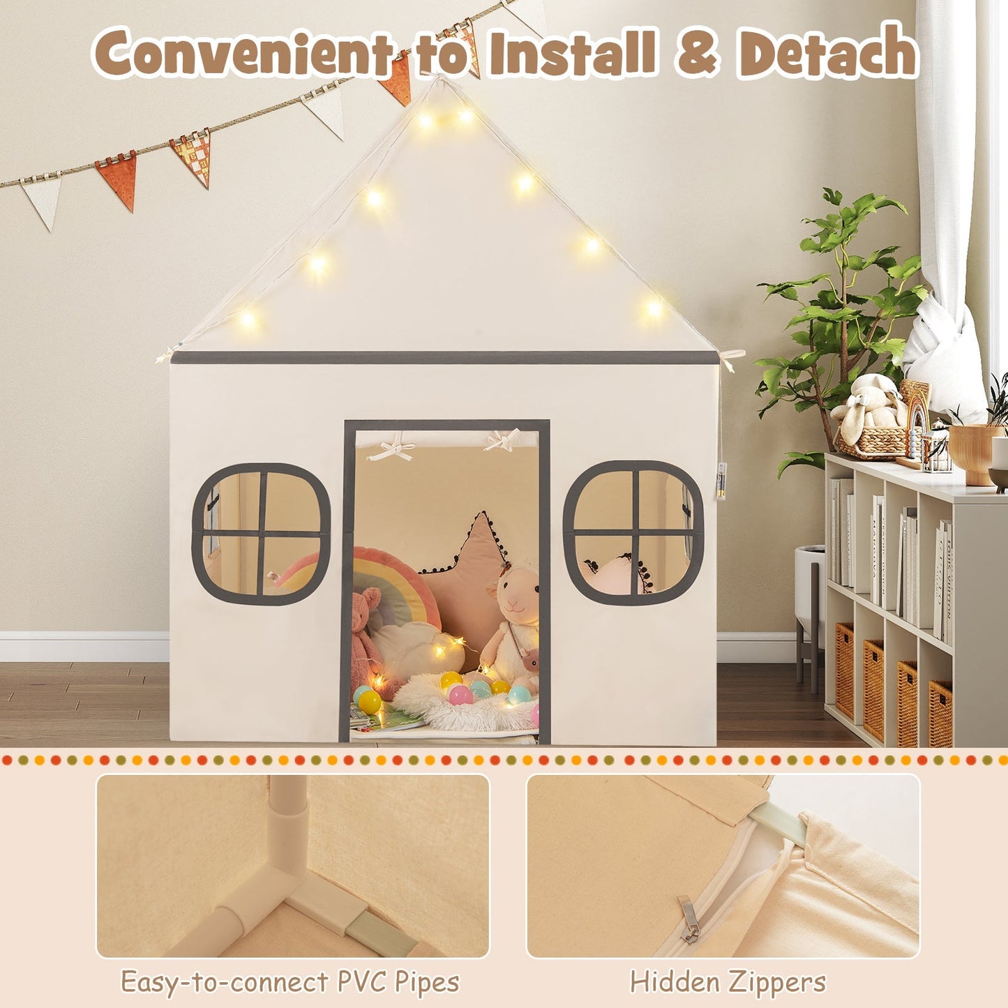 GemGear Kids Play Tent Large Playhouse with door curtain and windows, string lights on Tampa Home & Garden Store
