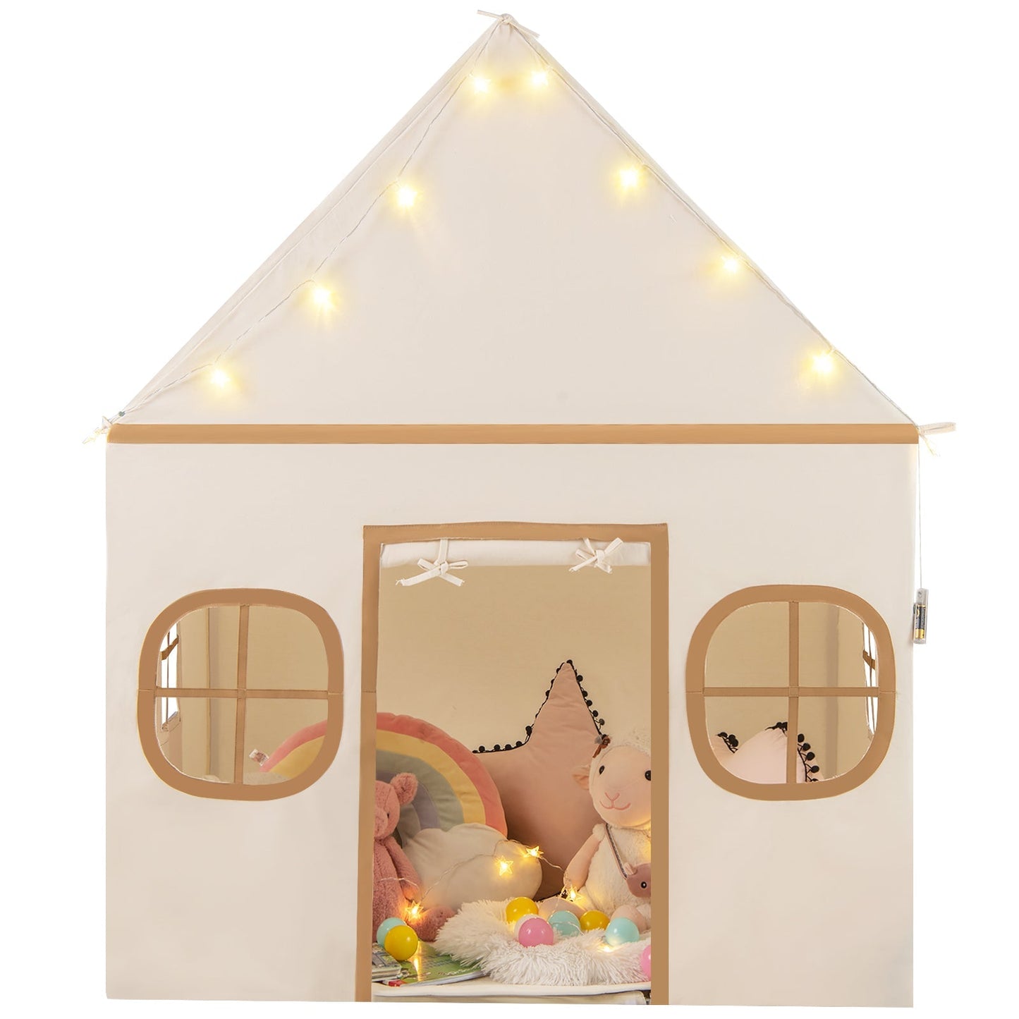 GemGear kids large play tent house with door curtain and star lights along cream roof and arched windows on Tampa Home & Garden Store