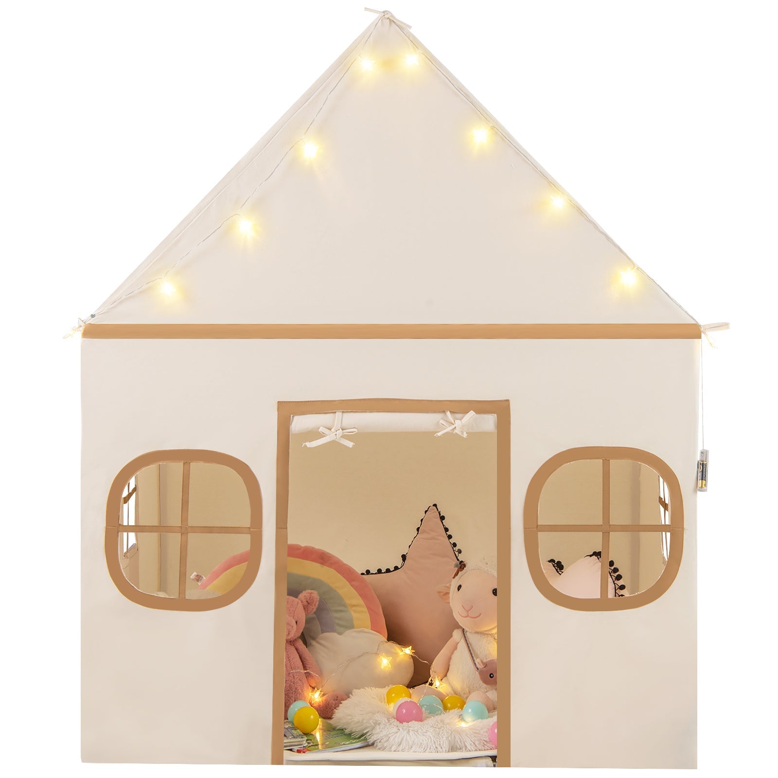 GemGear kids large play tent house with door curtain and star lights along cream roof and arched windows on Tampa Home & Garden Store
