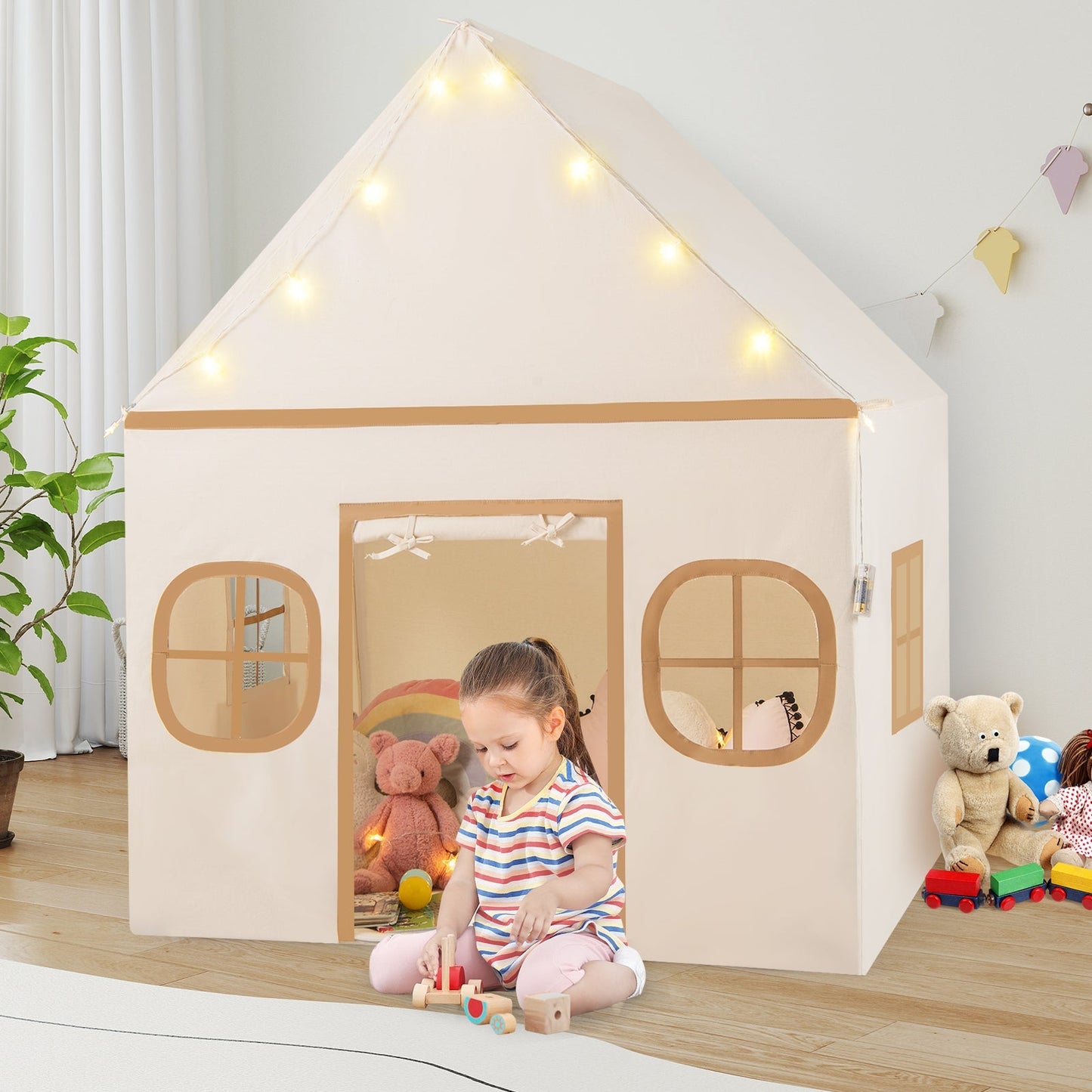 Kids play tent GemGear large playhouse with door curtain and window panels, cream lights on Tampa Home & Garden Store