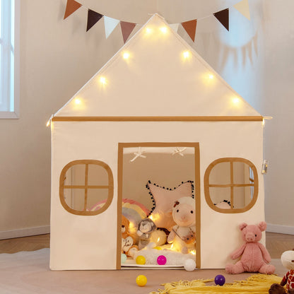 Kids play tent large cream playhouse with door curtain, window panels and warm string lights on Tampa Home & Garden Store