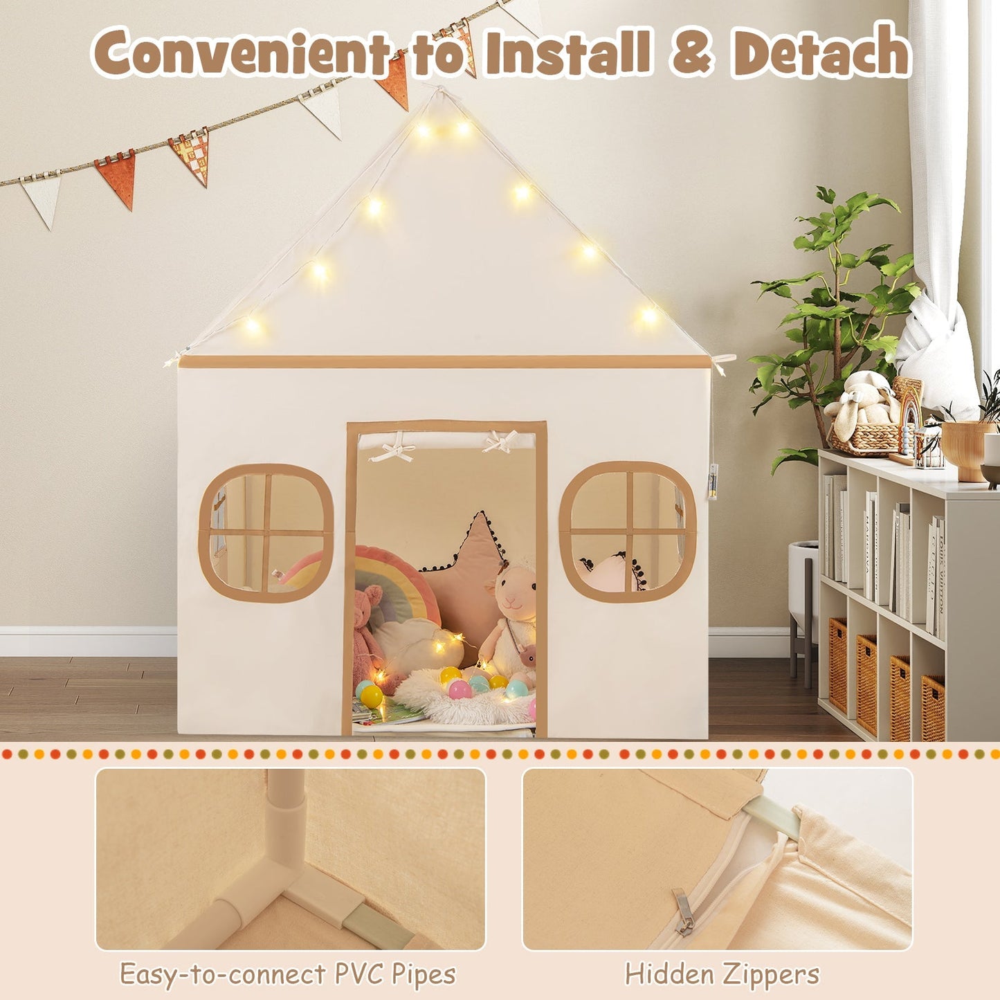 Kids play tent large playhouse with door curtain and window panels, string lights inside GemGear on Tampa Home & Garden Store
