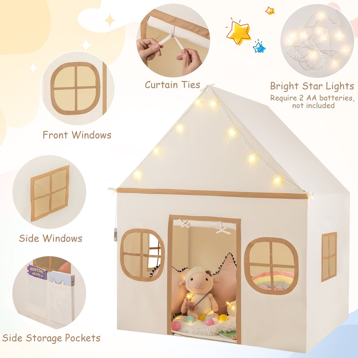 GemGear Kids Play Tent with door curtain, front & side windows, curtain ties, star lights on Tampa Home & Garden Store