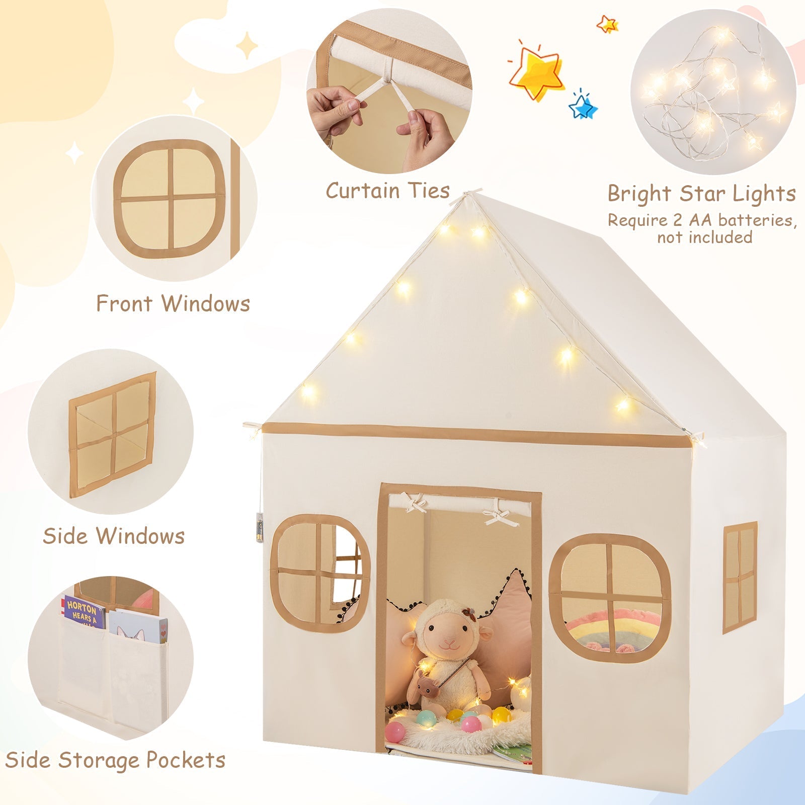 GemGear Kids Play Tent with door curtain, front & side windows, curtain ties, star lights on Tampa Home & Garden Store