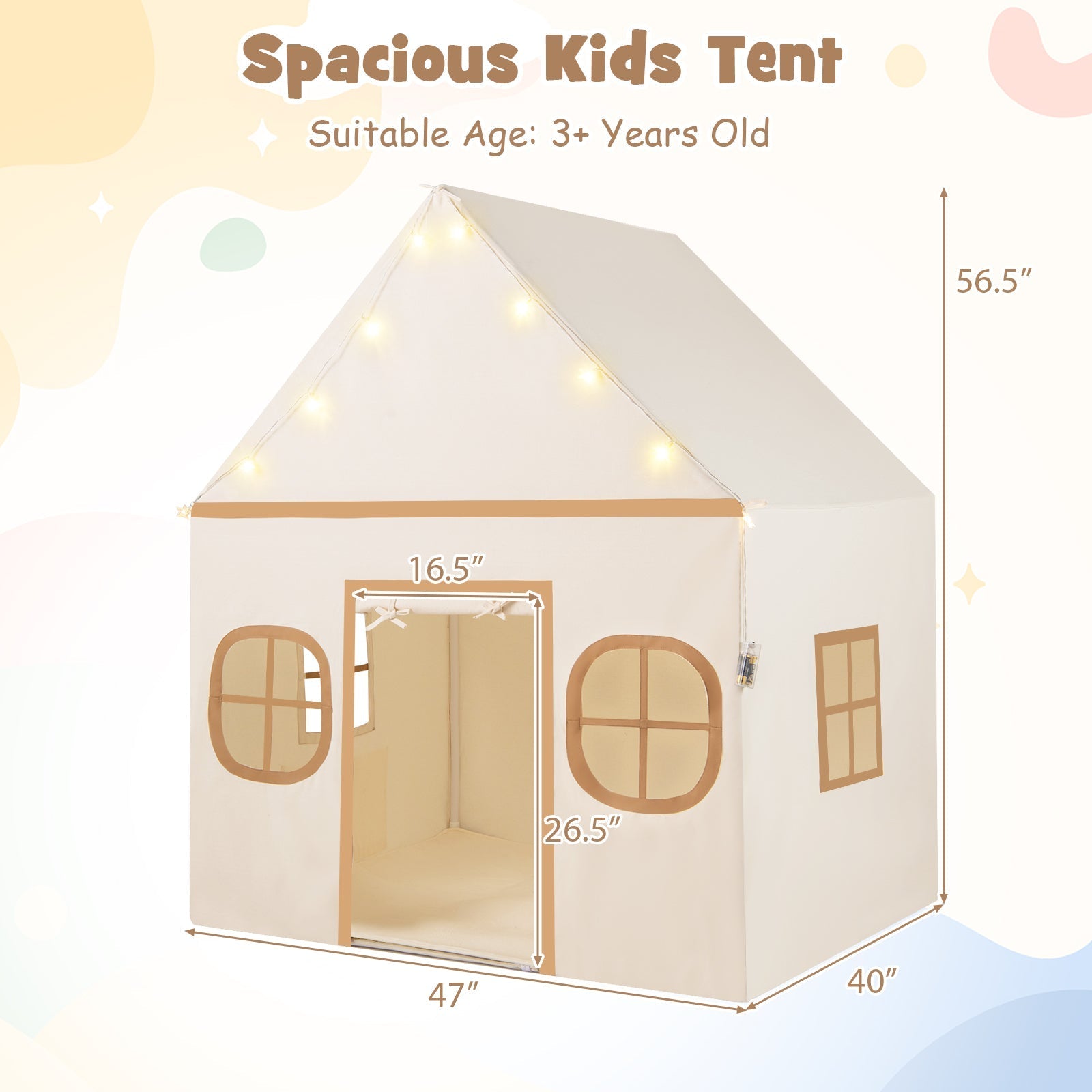 GemGear Kids Play Tent Large Playhouse with door curtain, windows and string lights cream on Tampa Home & Garden Store