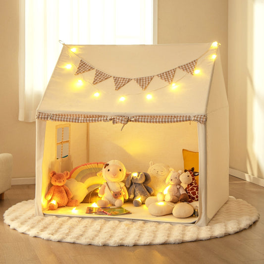 GemGear Kids Play Tent Large Playhouse with Padded Mat in beige and gingham bunting on Tampa Home & Garden Store