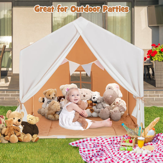 GemGear Kid's Play Tent with washable cotton mat and flag banner in teddy-filled backyard on Tampa Home & Garden Store