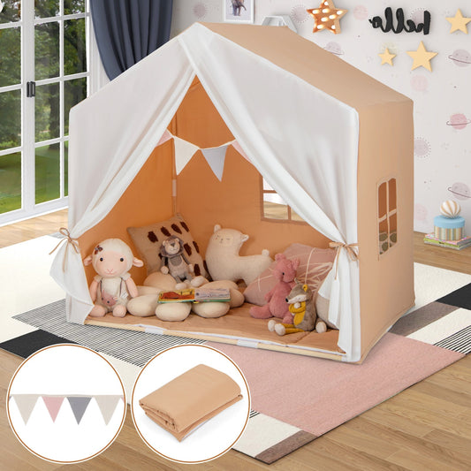 GemGear Kid's Play Tent with Washable Cotton Mat and Flag Banner, peach tent with white curtains on Tampa Home & Garden Store