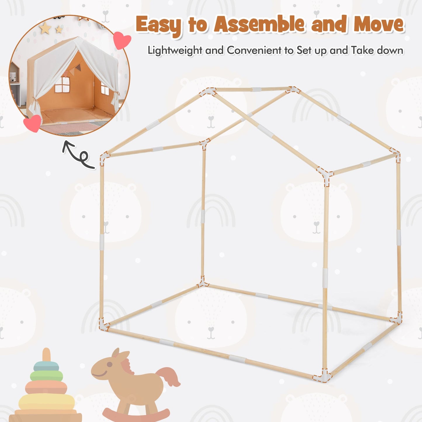 Kid's Play Tent with Washable Cotton Mat and Flag Banner