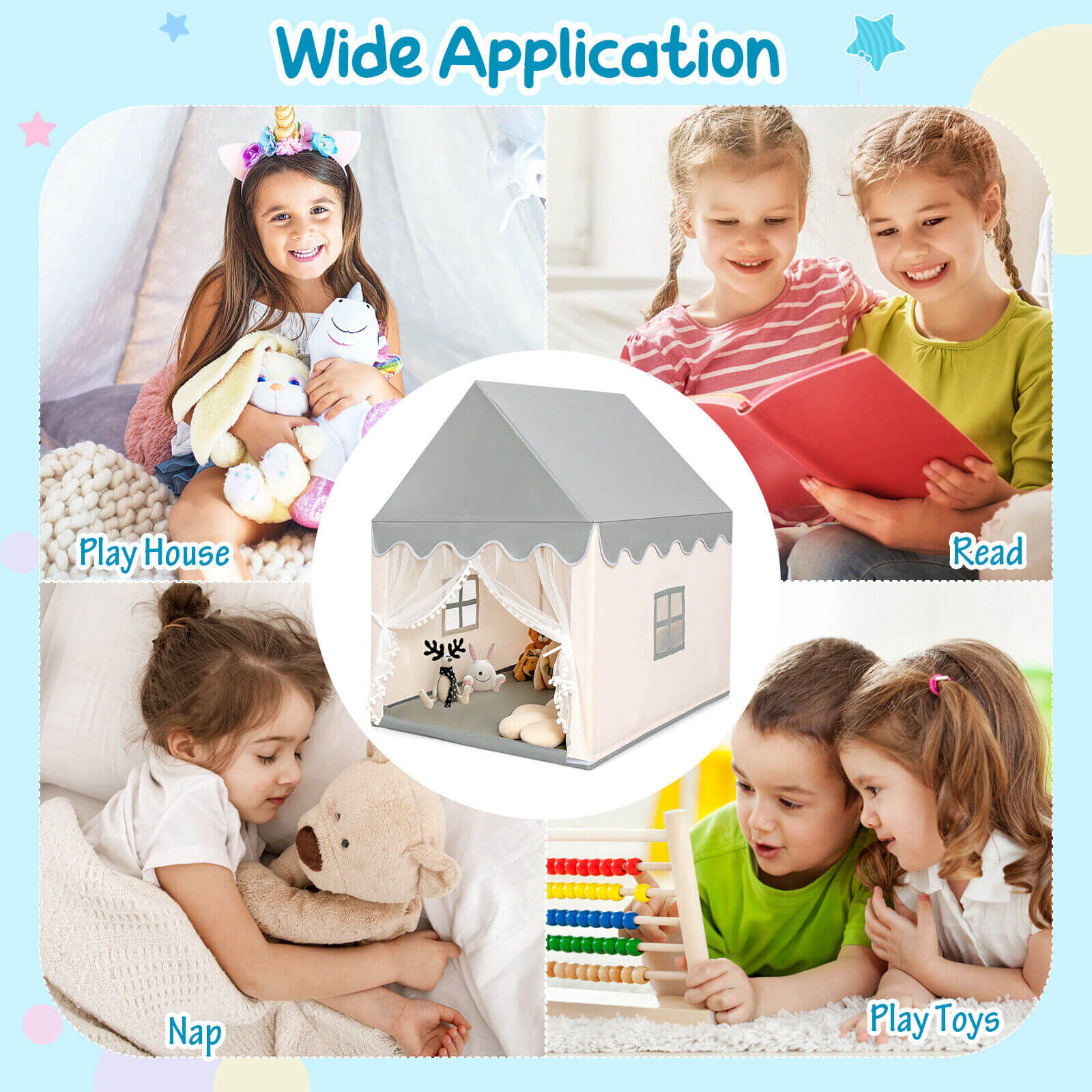 GemGear Kids Large Play Castle Fairy Tent with Mat, gray roof and panels, kids playing on Tampa Home & Garden Store