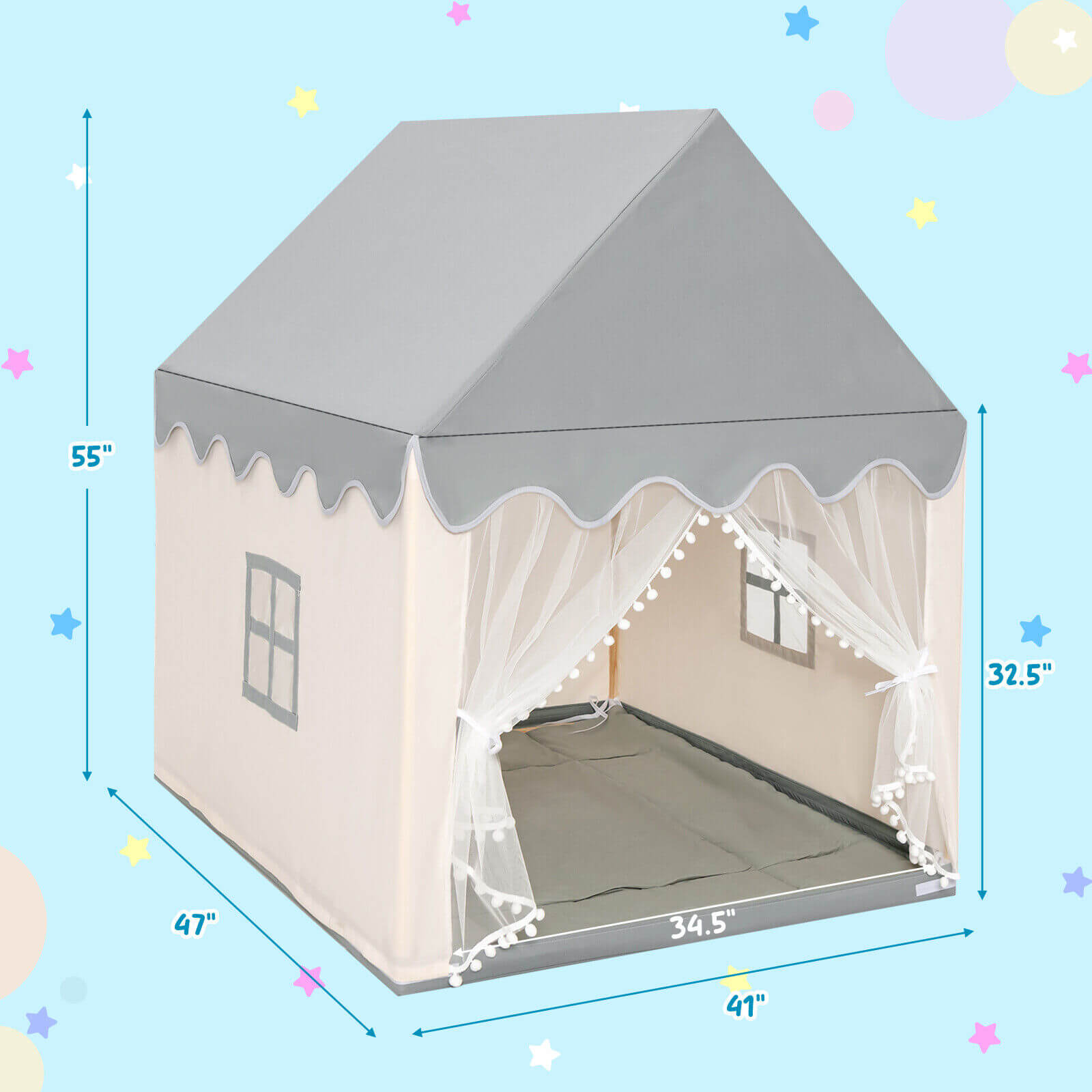 Kids large play castle fairy tent with mat, cream walls, gray pitched roof, sheer curtains on Tampa Home & Garden Store