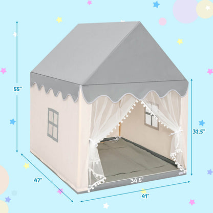 Kids large play castle fairy tent with mat, cream walls, gray pitched roof, sheer curtains on Tampa Home & Garden Store