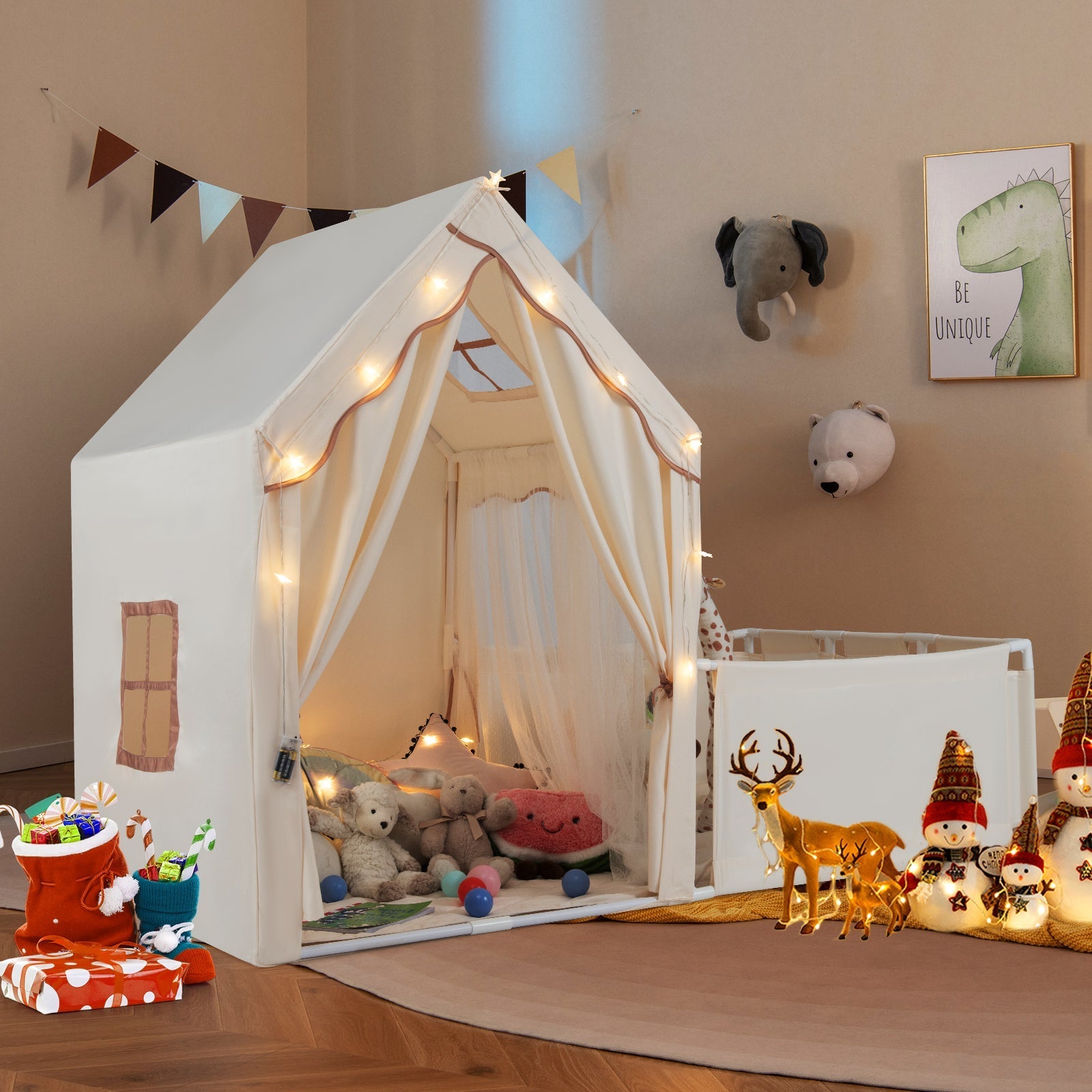 GemGear Kids Play Tent with Playpen 2-in-1 toddler playhouse with yard in cream canvas and lights on Tampa Home & Garden Store