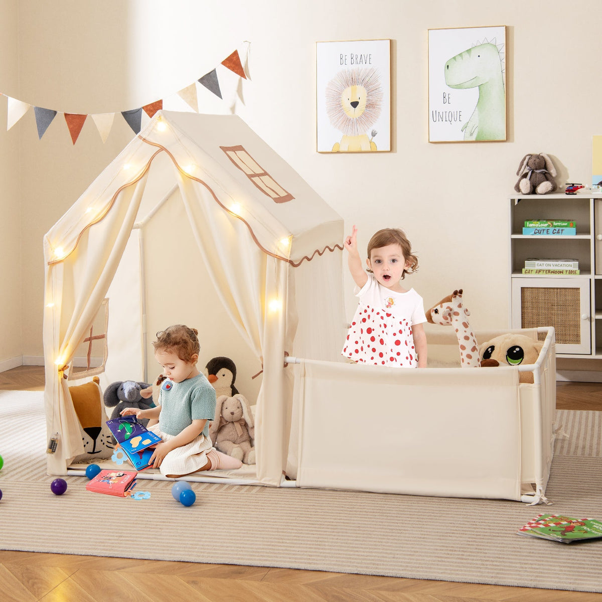 GemGear kids play tent with playpen 2-in-1 toddler playhouse with yard, cream fabric and lights on Tampa Home & Garden Store