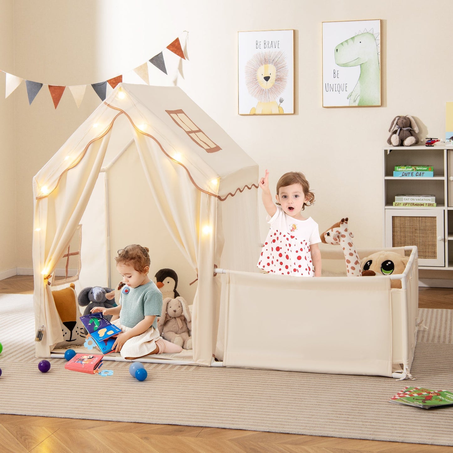 GemGear Kids Play Tent with Playpen 2-in-1 toddler playhouse in cream with string light accents on Tampa Home & Garden Store