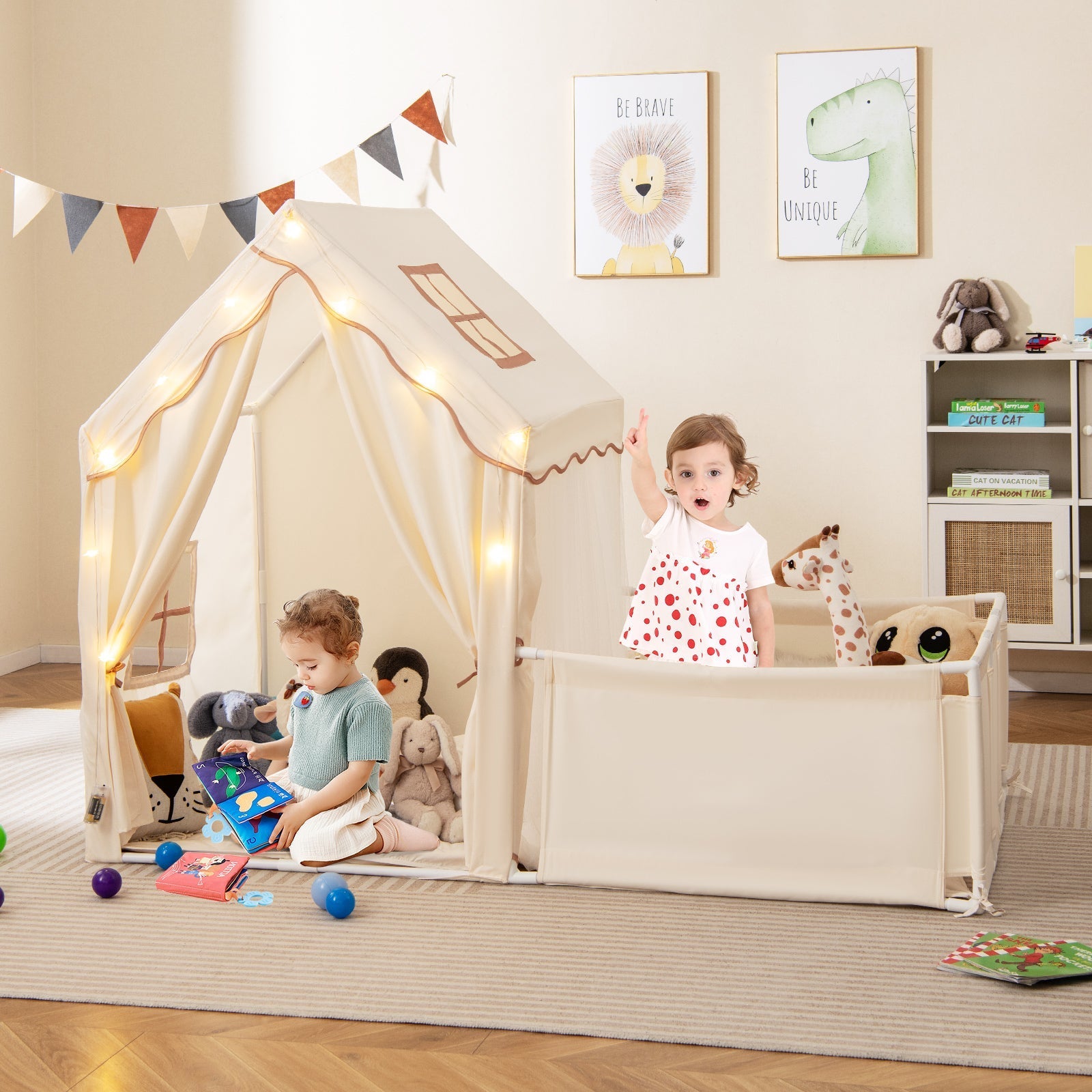 GemGear Kids Play Tent with Playpen 2-in-1 toddler playhouse in cream with string light accents on Tampa Home & Garden Store