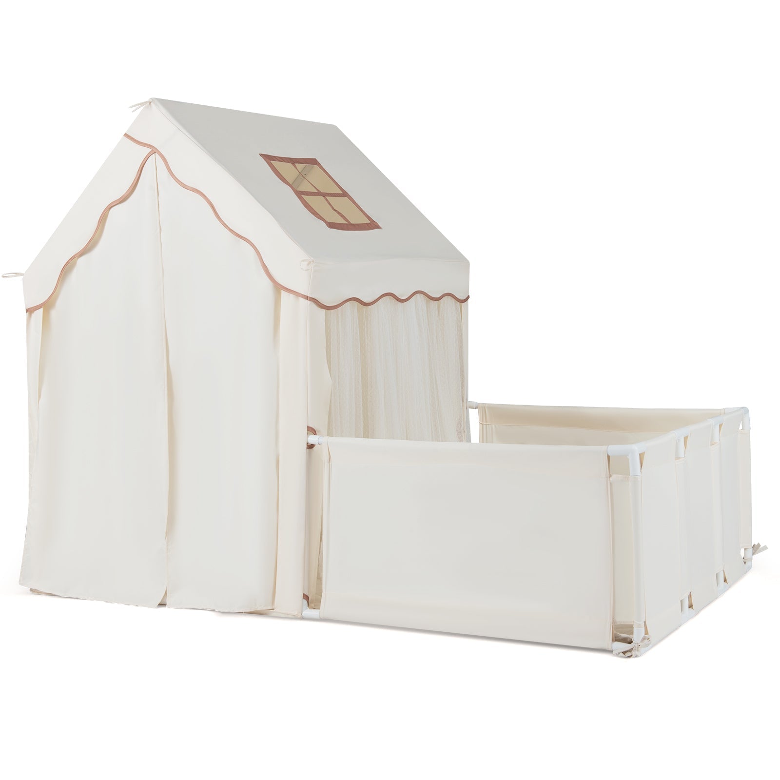 Kids Play Tent with Playpen 2-in-1 Toddler Playhouse cream fabric with brown trim GemGear on Tampa Home & Garden Store