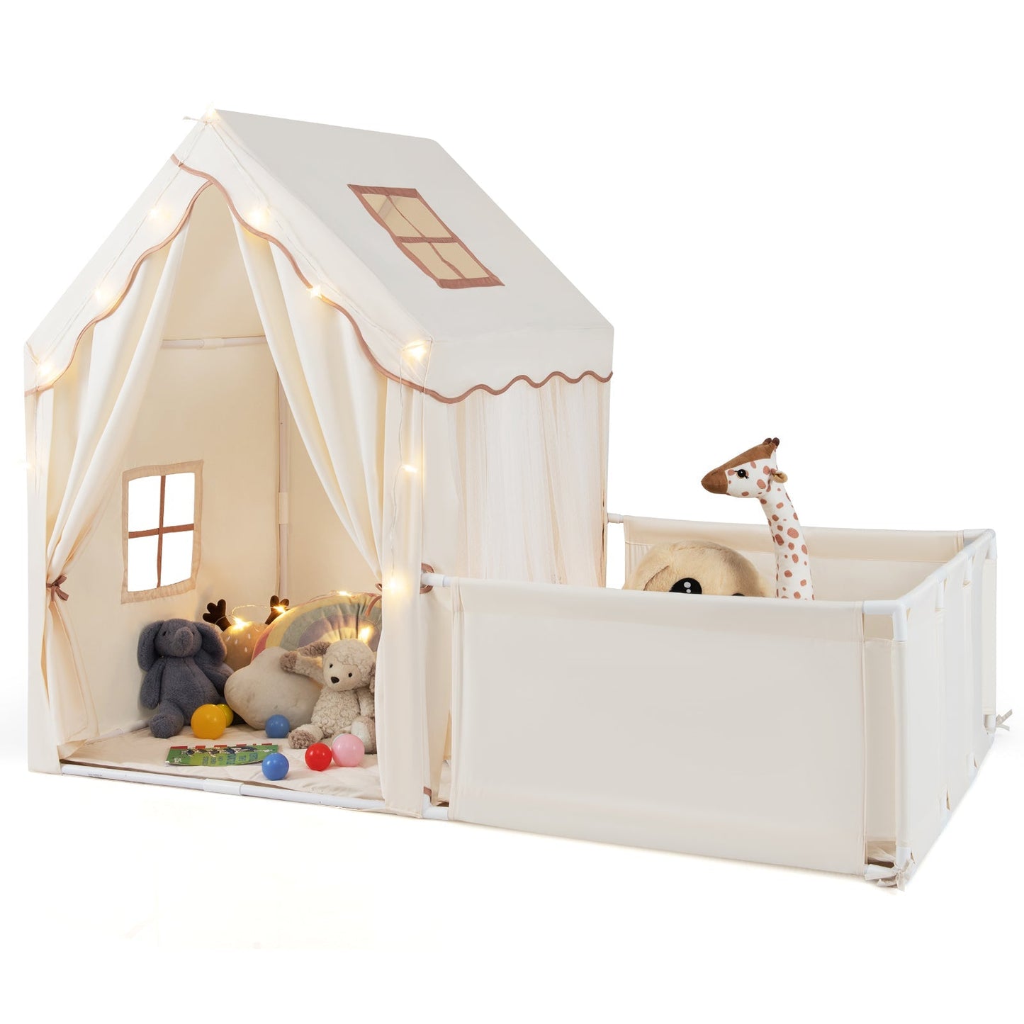GemGear kids play tent with playpen 2-in-1 toddler playhouse in ivory with window lights on Tampa Home & Garden Store