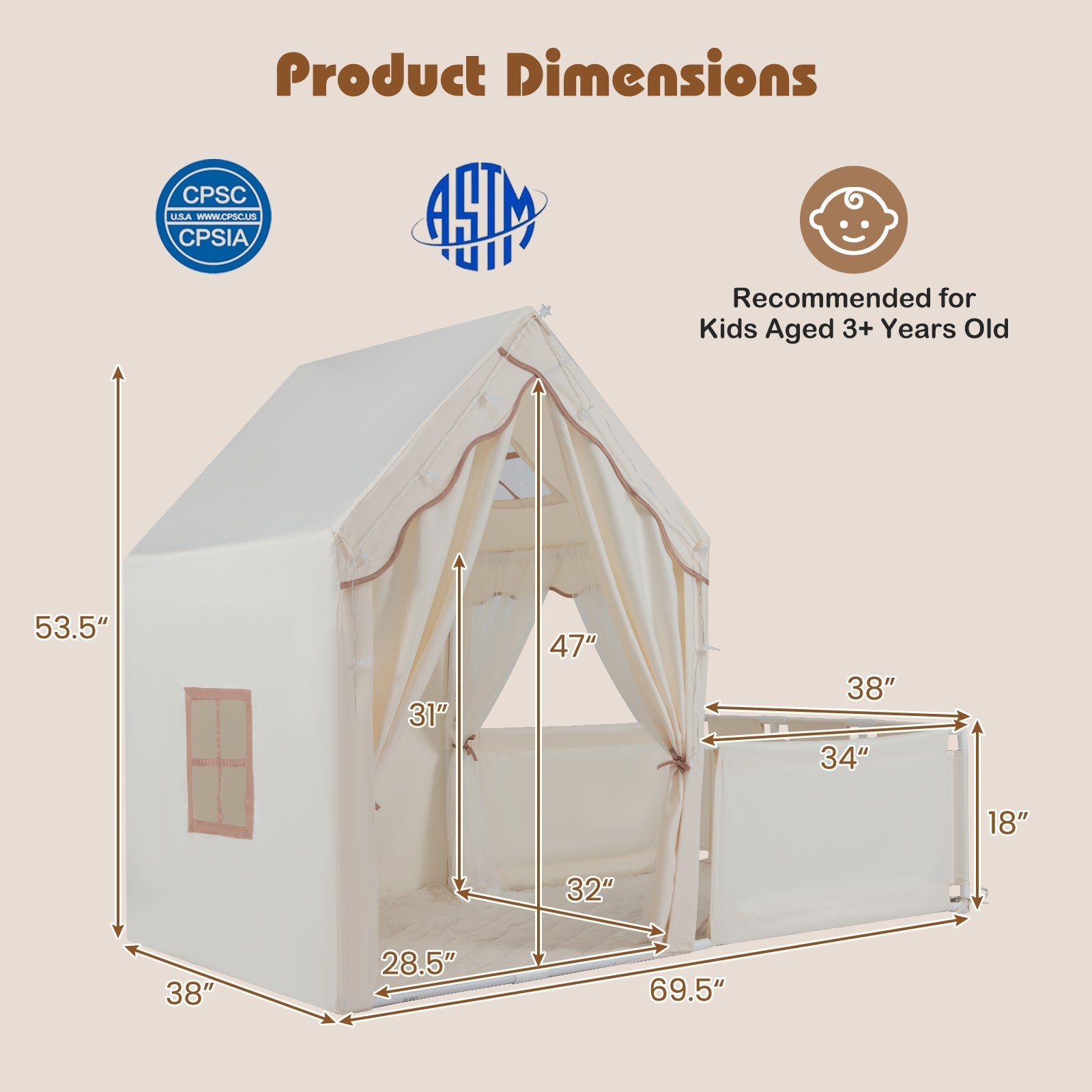 GemGear Kids Play Tent with Playpen 2-in-1 toddler playhouse with yard cream canvas fabric on Tampa Home & Garden Store