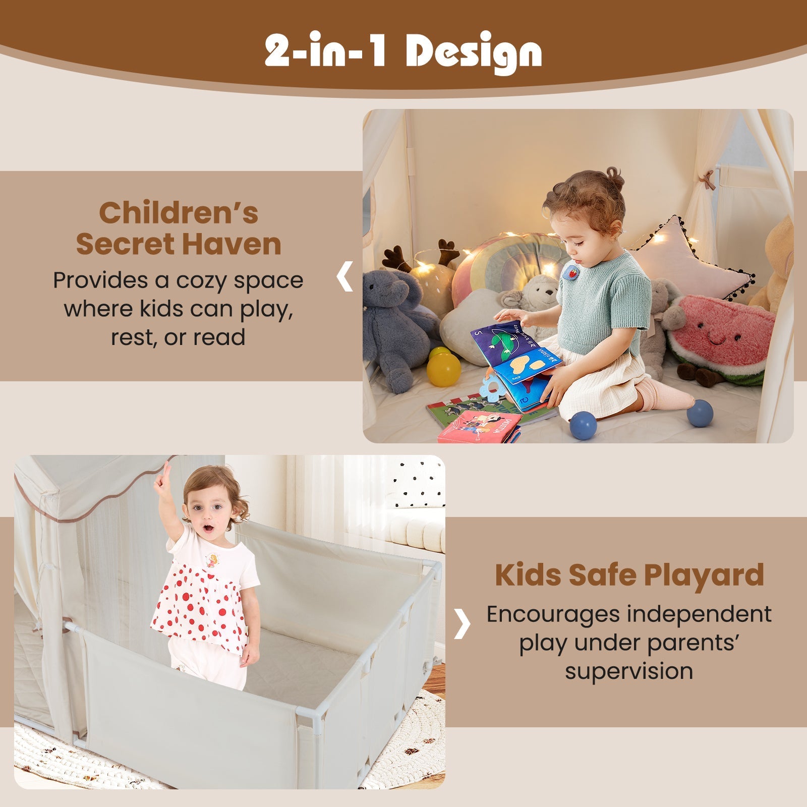 Kids Play Tent with Playpen 2-in-1 Toddler Playhouse by GemGear in beige with plush toys on Tampa Home & Garden Store