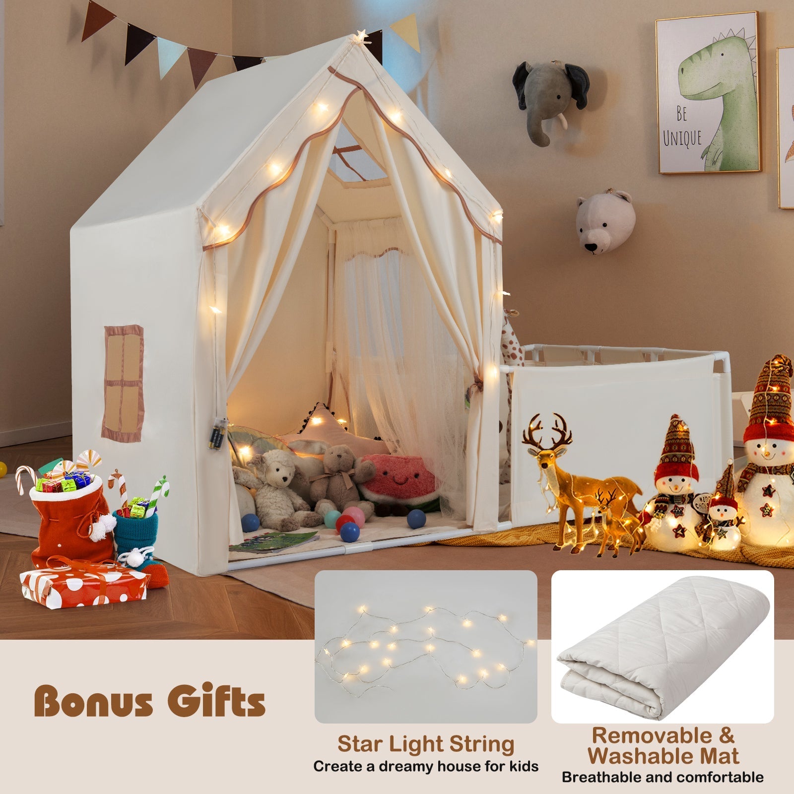 GemGear 2-in-1 Kids Play Tent with Playpen, white fabric playhouse with yard and string lights on Tampa Home & Garden Store