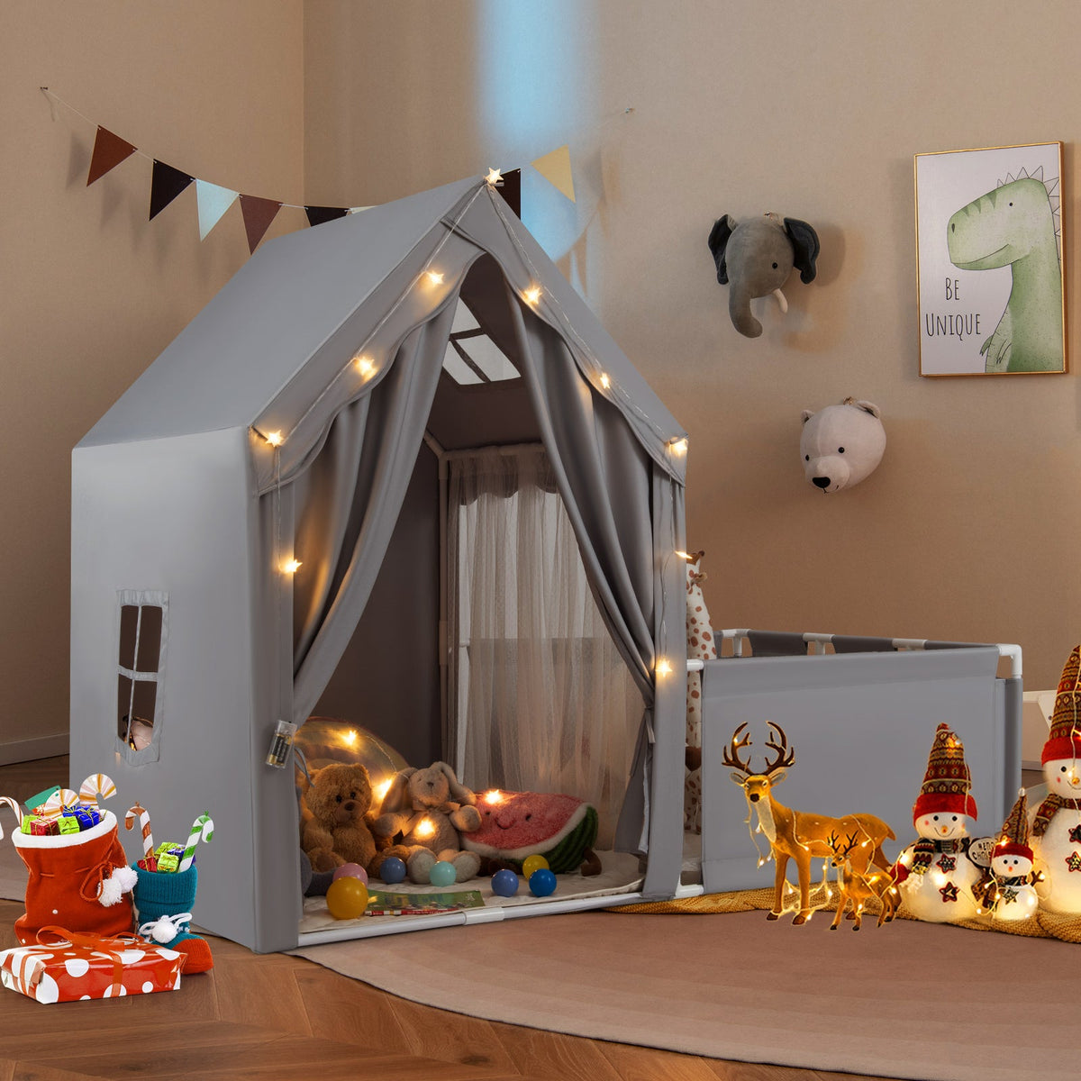 GemGear 2-in-1 kids play tent with playpen in light gray, string lights inside on Tampa Home & Garden Store