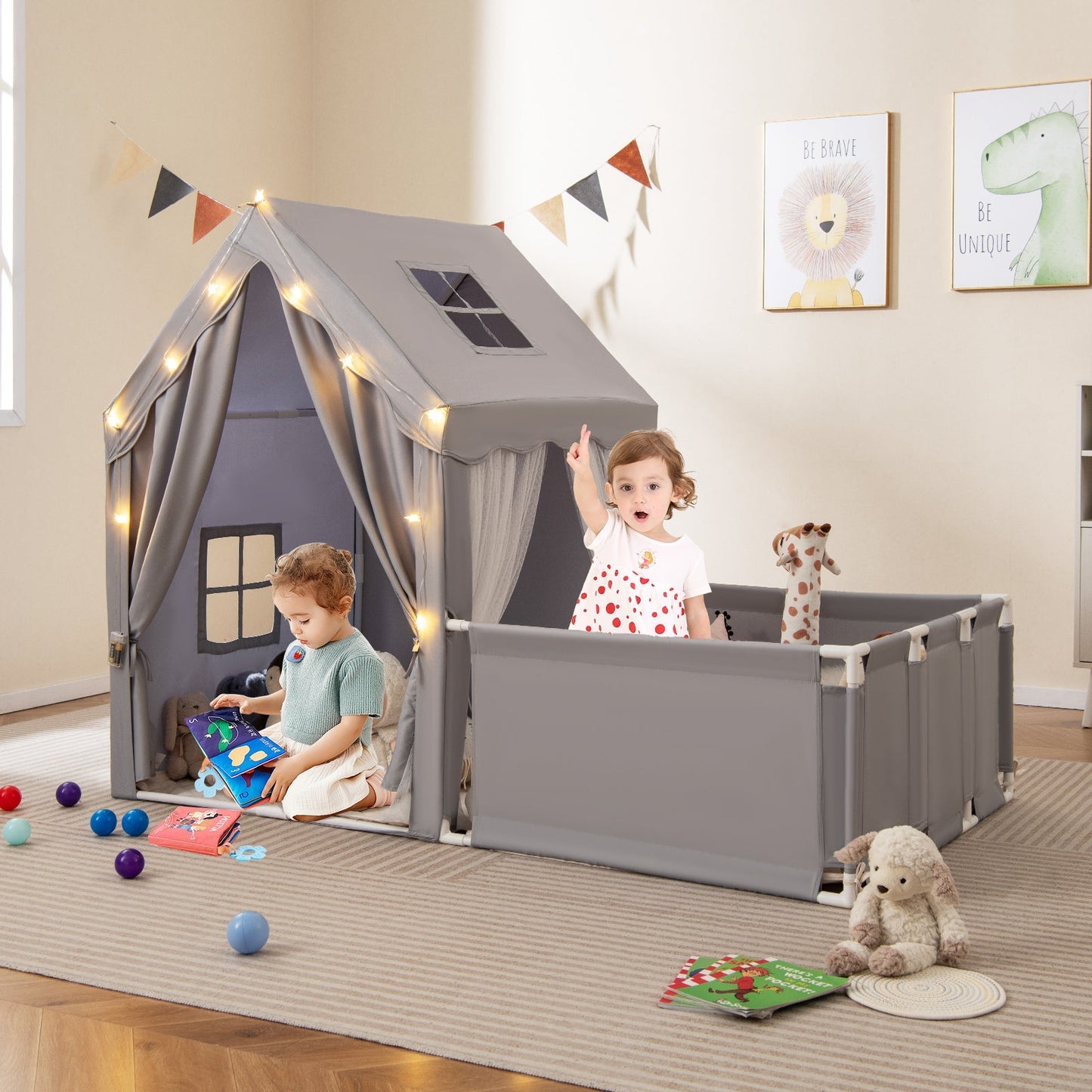 GemGear gray kids play tent with playpen, 2-in-1 toddler playhouse in gray fabric with window on Tampa Home & Garden Store