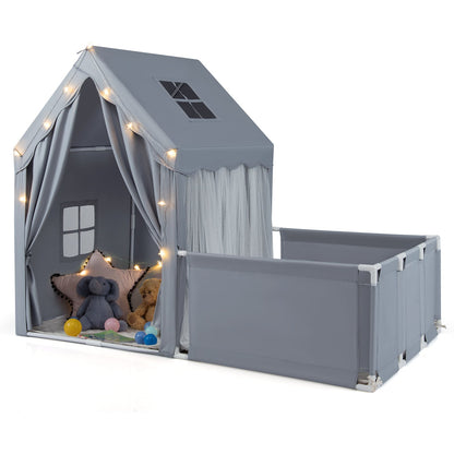 GemGear Kids Play Tent with Playpen 2-in-1 toddler playhouse in gray with string lights on Tampa Home & Garden Store