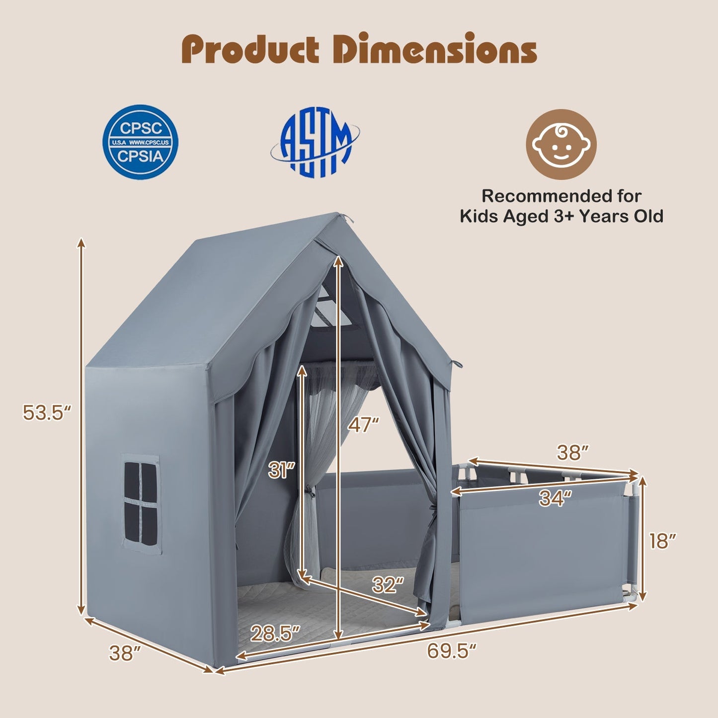GemGear Kids Play Tent with Playpen 2-in-1 Toddler Playhouse gray fabric with yard on Tampa Home & Garden Store