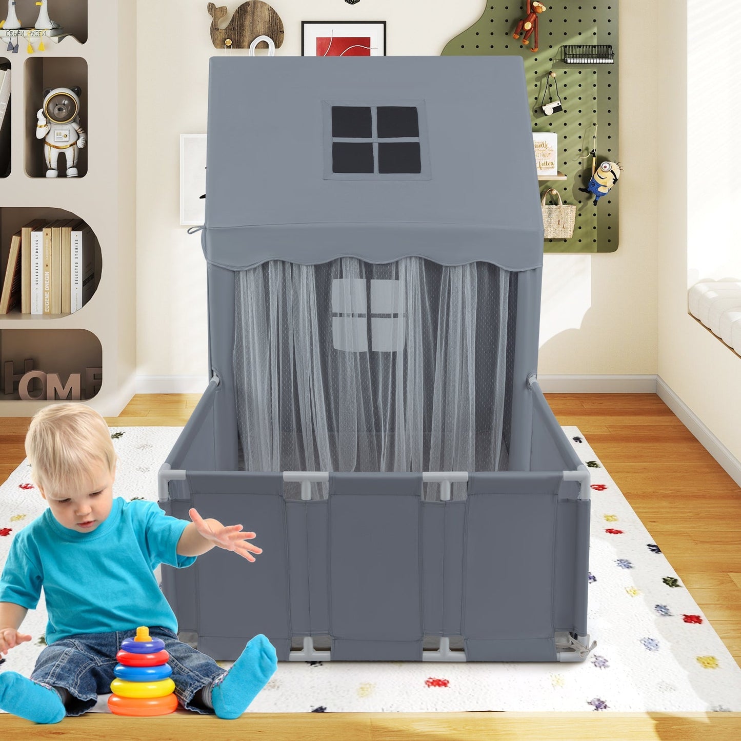 GemGear kids 2-in-1 play tent and playpen in gray fabric with mesh window on Tampa Home & Garden Store