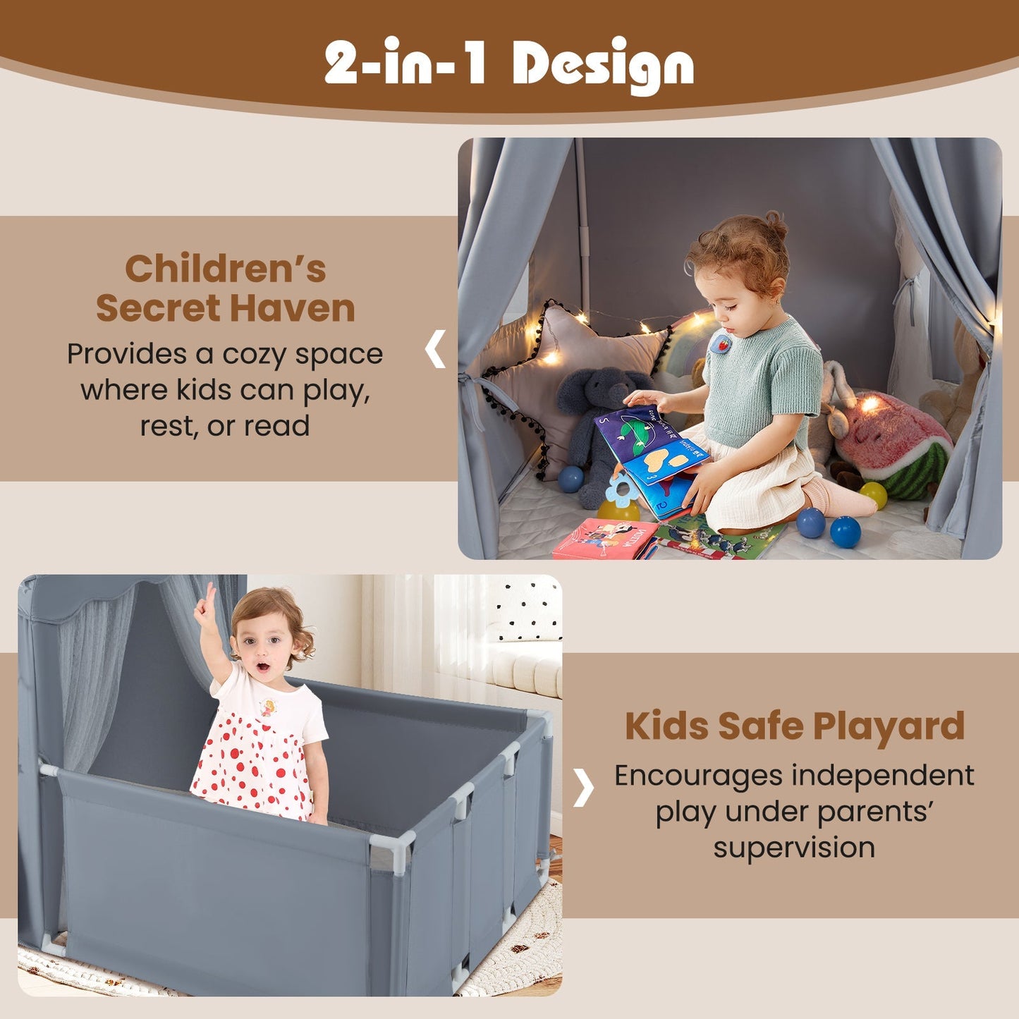 GemGear Kids Play Tent with Playpen 2-in-1 playhouse in blue-gray fabric with string lights on Tampa Home & Garden Store