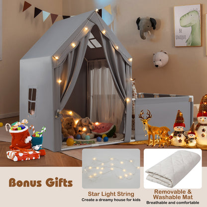 GemGear Kids Play Tent with Playpen 2-in-1 toddler playhouse in gray with string lights on Tampa Home & Garden Store