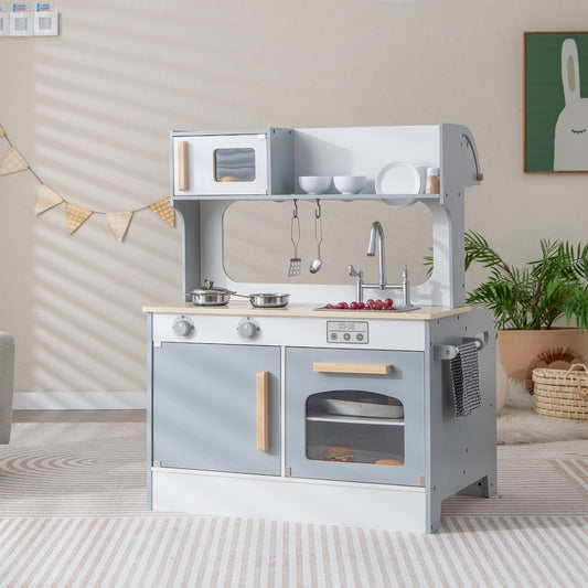Double Sided Kids Pretend Kitchen Playset with 2-Seat Cafe-Gray - Tampa Home & Garden Store