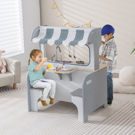 Double Sided Kids Pretend Kitchen Playset with 2-Seat Cafe-Gray - Tampa Home & Garden Store