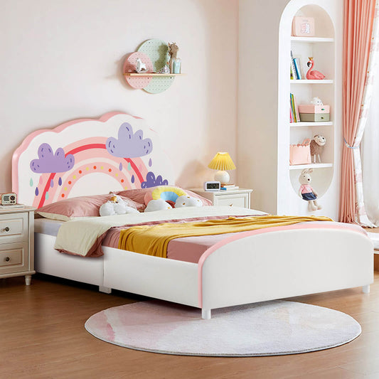 Kids Twin Size Upholstered Platform Wooden Bed with Rainbow Pattern - Tampa Home & Garden Store