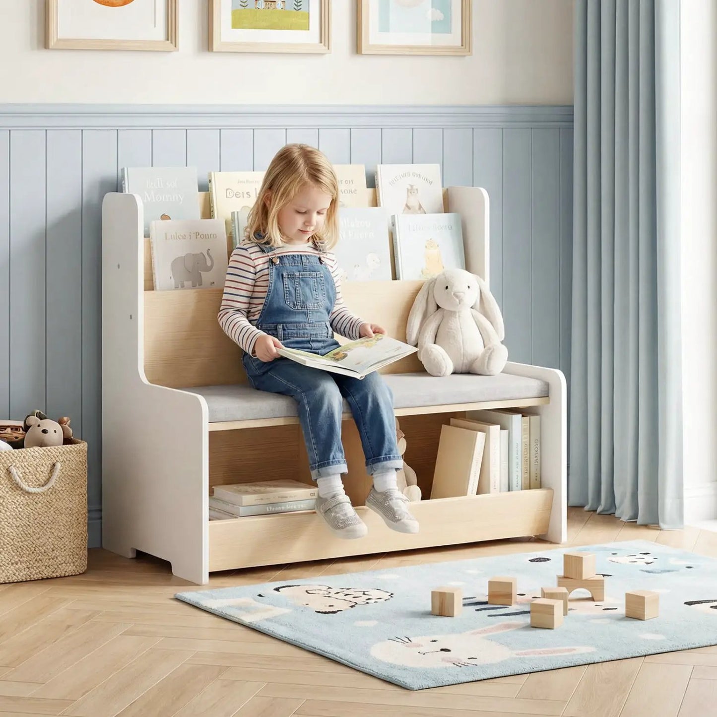 Kids Reading Nook with Bench Bookshelf 2 Cubbies