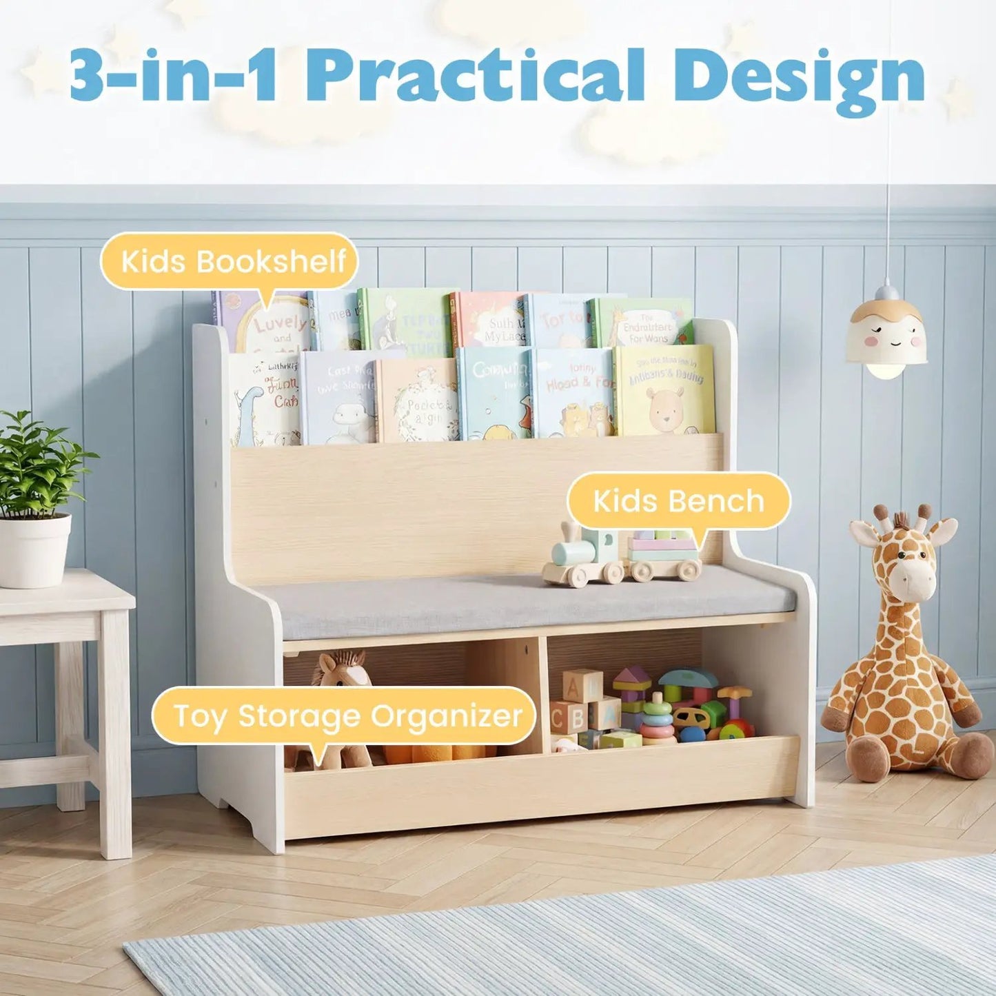 Kids Reading Nook with Bench Bookshelf 2 Cubbies