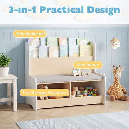 Kids Reading Nook with Bench Bookshelf 2 Cubbies