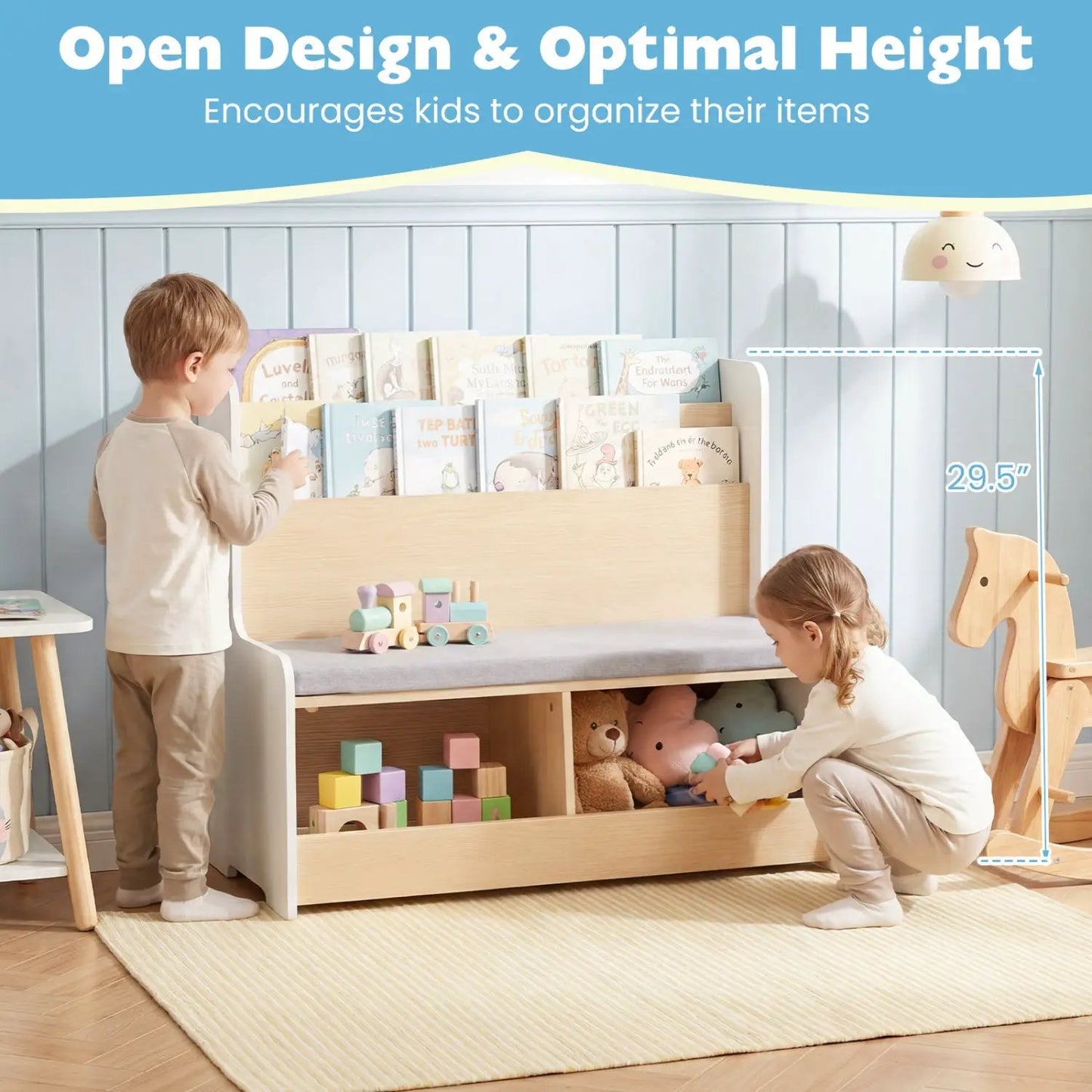 Kids Reading Nook with Bench Bookshelf 2 Cubbies